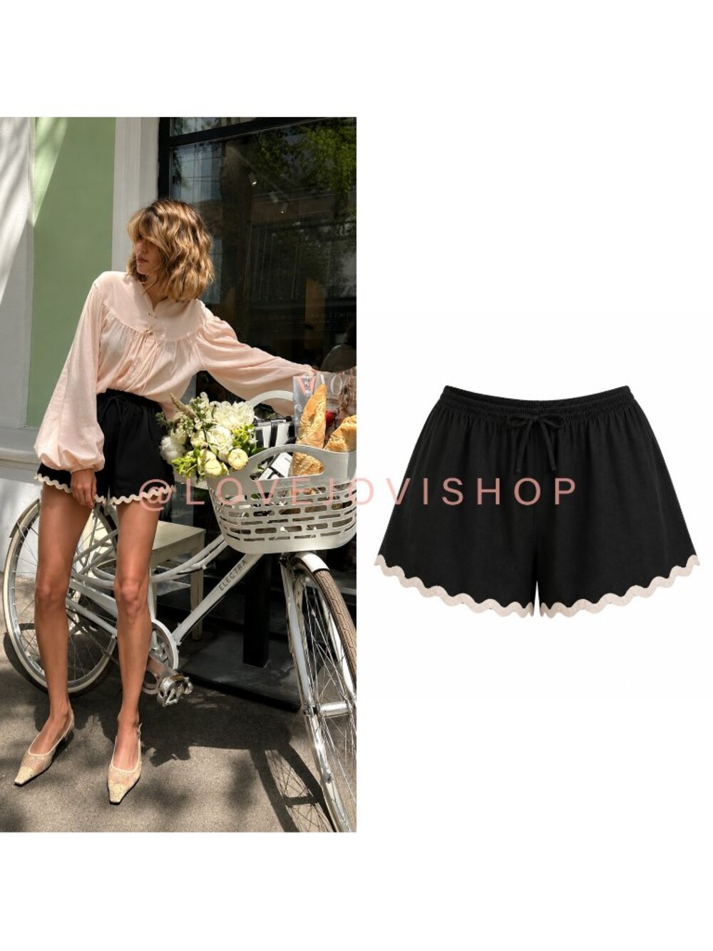 Feminine | Black Scalloped Cream Lace Trim Linen Cotton Shorts | Midnight Sky M